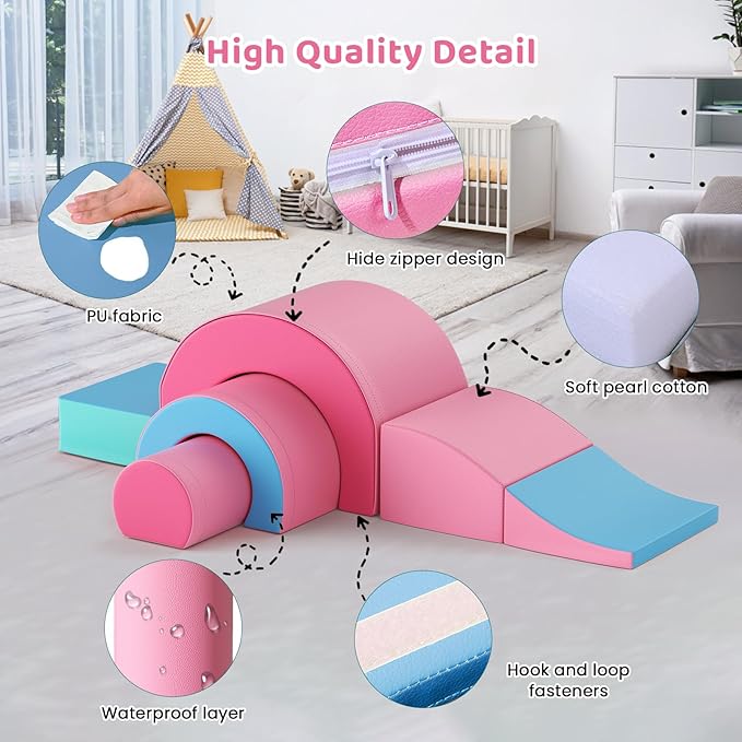 Lischwert Foam Climbing Blocks, Soft Climbing Toys for Toddlers, 5 Pieces Crawl and Climb Foam Playset with Foldable Block and Tunnel, Indoor Climber Activity Play Set for Kids Age 1+(Pink Blue)
