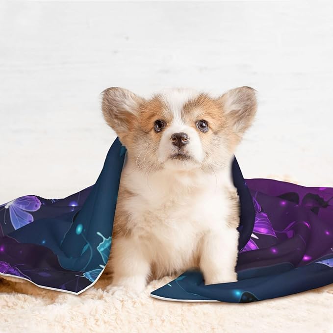 Double Sided Pet Mat for Dog Bed Topper Cat Blanket Furniture Protector, Background with Night Butterflies, Reversible Plush with Tactile Dot Pattern for Style Change