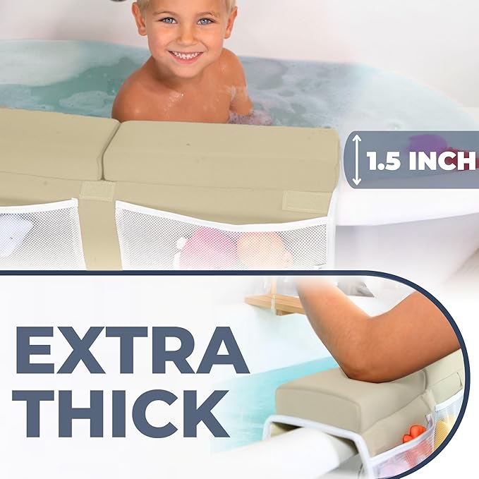 Comfortable Baby Bath Kneeler and Elbow Rest Pad Set – Thick Memory Foam Bath Kneeling Pad with Elbow Support – Baby Bathtub Cushion with Toy Organizer for Bathing Infant or Toddler - Beige