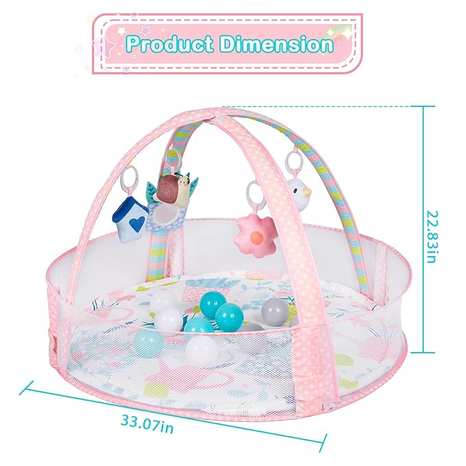 Baby Play Mat, 4-in-1 Baby Play Gym Tummy Time Mat with Ball Pit and 5 Detachable Toys for Newborn to Develop Sensory Exploration and Motor Skill 0-6-12 Months