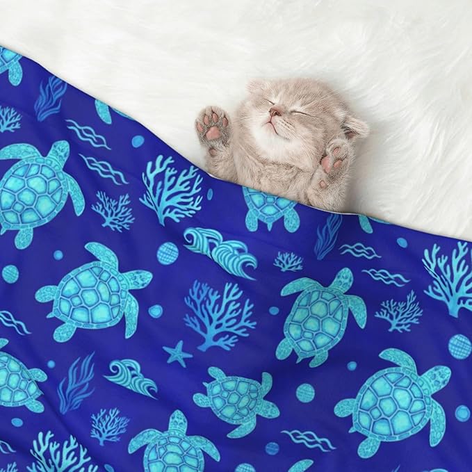 Double Sided Pet Mat for Dog Bed Topper Cat Blanket Furniture Protector, Watercolor Blue Sea Turtle, Reversible Plush with Tactile Dot Pattern for Style Change