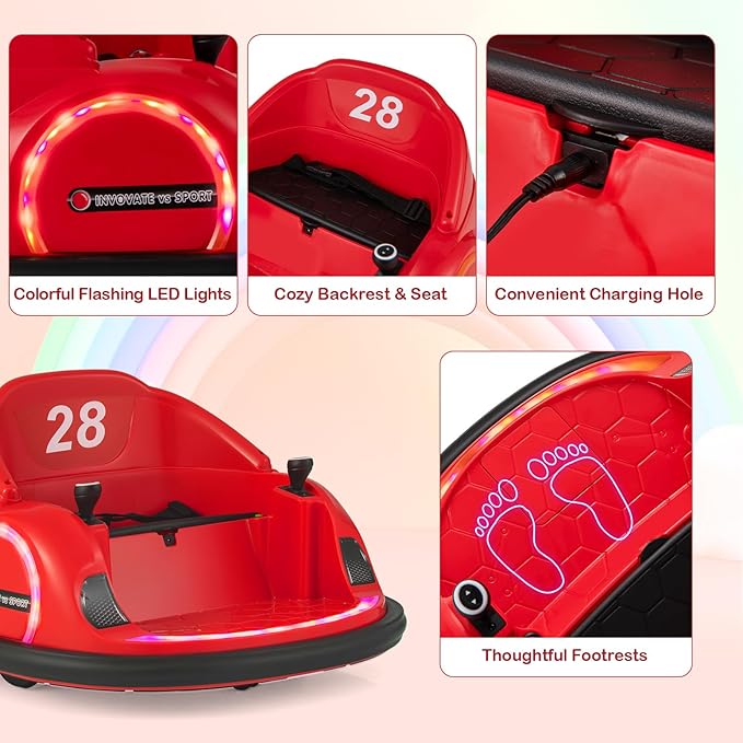 GLACER 12V Bumper Car, Electric Kids Bumper Car w/Parental Remote, 3-Speed, 360°Spin, Music, LED Light, Battery Ride on Bumper Car w/Dual Joysticks, Baby Bumper Car for Toddlers 18 Months+ (Red)