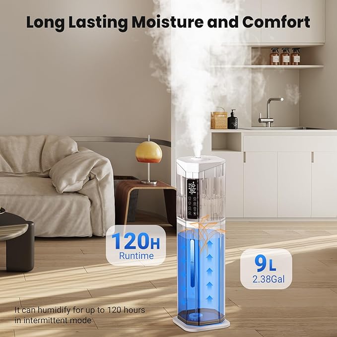 Humidifiers for Bedroom - GloryAir 2.38Gal/9L Top Fill Cool Mist Humidifier for Large Room 500ft² 120H Last with Auto Mode 7-Color Light Humidistat Aroma Box Quiet Humidifiers for Plants Baby & Adults