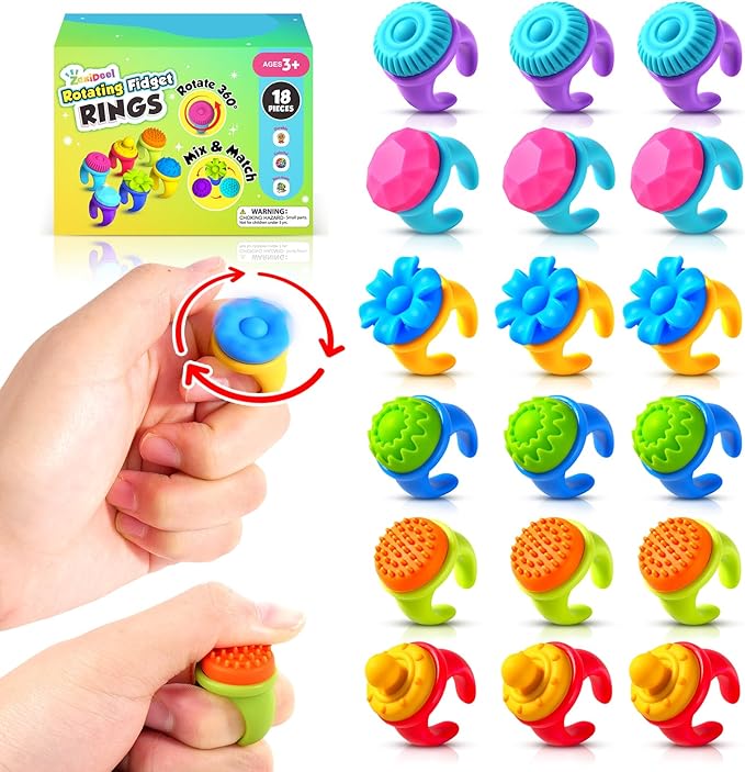 Fidget Rings Sensory Toys for Kids: 18 Pack Fidget Anxiety Spinner Rings- Autism Sensory Toy for Special Needs ADHD- Stress Relief Quiet Fidgets for Classroom- Small Treasure Box Prizes Travel Gifts