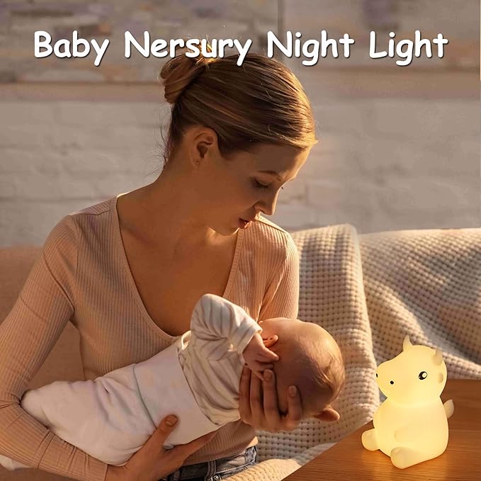 Night Light for Kids, Cute Night Lamp Bedroom Cow Nightlight for Baby Girl Boy Teem, Battery Powered Silicone Animal Night Lamp Christmas Birthday Gifts