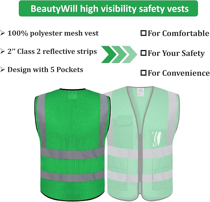 BeautyWill 10 Pack Mesh Safety Vest Custom Logo Class2 High Visibility Reflective Vest with 5 Pockets Construction Security Work Vest ANSI/ISEA Standards（Green，3XL ）