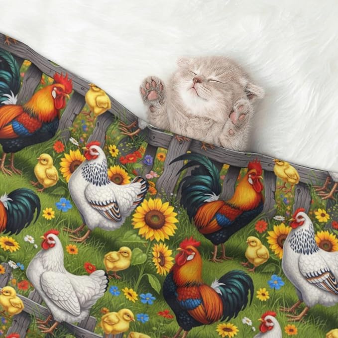 Pet Blanket for Indoor Outdoor Use, Chicken Rooster Garden Flowers Painting, Two Sided Reversible Plush Mat with Bumpy Dot Texture for Patios Crates Portable Bed Companion