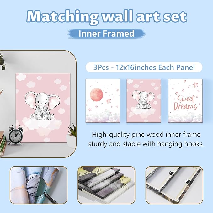 Personalized Nursery Bedding Set, 5 Pcs - Custom Baby Girl Elephant Bedding, Toddlers Bedding Set with Name, Double Layer, Customized Gift for Infant Kid