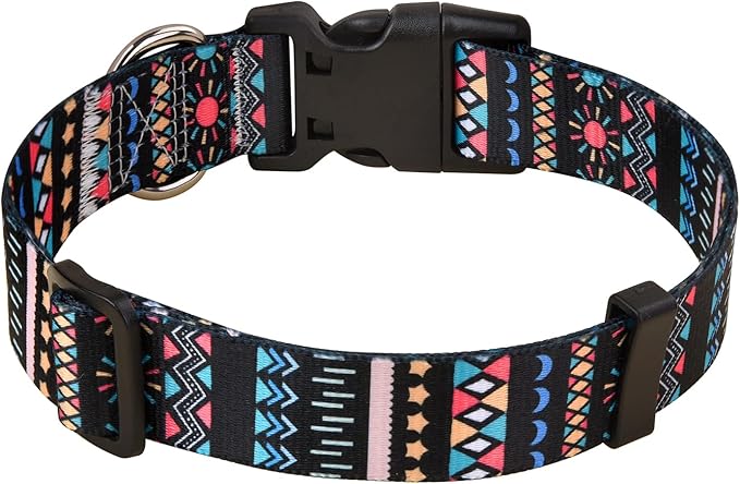 Dog Collar with Bohemia Floral Tribal Geometric Patterns - Soft Ethnic Style Collar Adjustable for Small Medium Large Dogs(Black Bohemia,L)