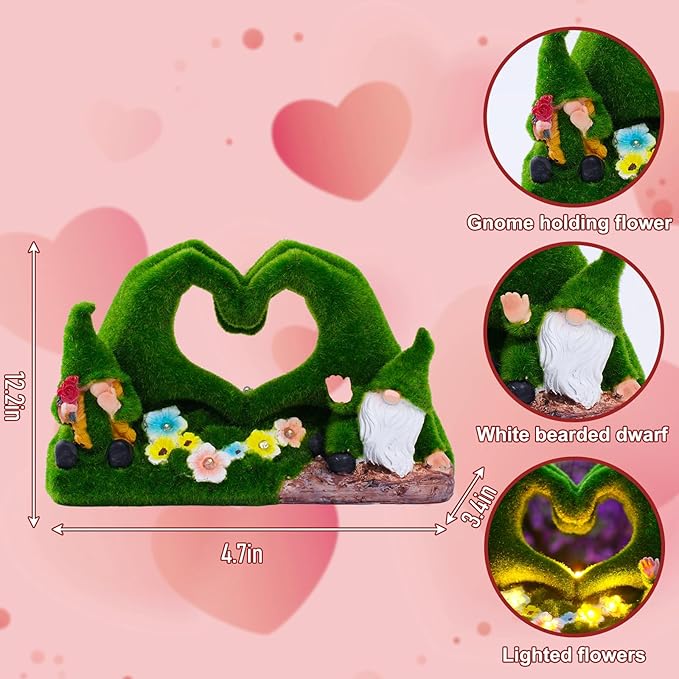 St Patricks Day Gnome Garden Gnome Statue Heart-Shaped Moss Covered Outdoor Garden Decor Cute Gnomes Decorations for Home Patio Yard Balcony Lawn Decor