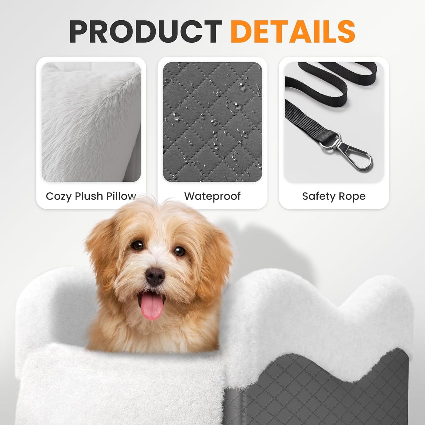 Portable Small Dog Seat for Car,Luxury Center Console Dog Car Seat Booster with Safety Tethers,Auti-Collapse Pet Travel Carrier for SUV,Truck.(Dark Grey/White)