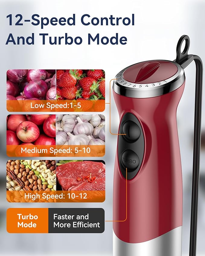 Immersion Blender Handheld 1000W 5 in 1 Corded Stick Hand Blender Kitchen with 12 Speed, BPA-Free, Mixing Beaker, Chopper, Whisk, Milk Frother, Perfect Emulsifier for Soup, Baby Food, Sauce, Puree
