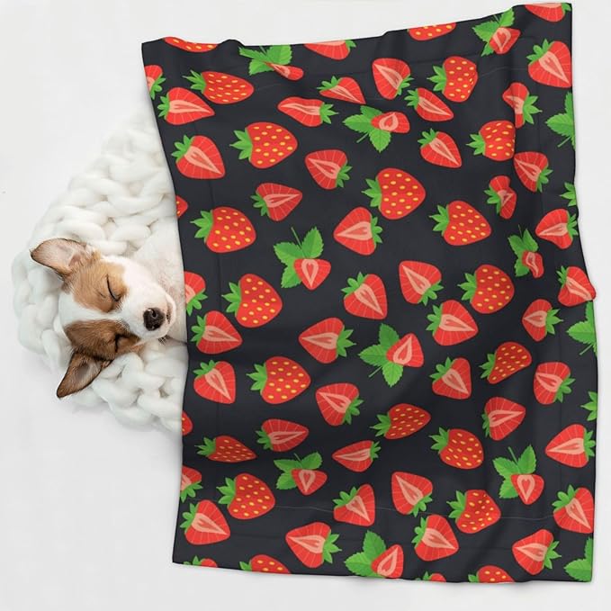 Pet Blanket for Travel and Home, Cute Red Strawberry Pattern Black, Reversible Plush Dot Design with Soft Grip Texture on One Side Perfect for Car Seats Moving Vehicles
