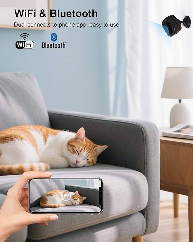 1080P HD Indoor Camera for Indoor Security with App Control Motion Detection & Night Vision Wireless WiFi Rechargeable Pet Camera for Home/Office 24/7 Cycle Save Video Only (1080P)