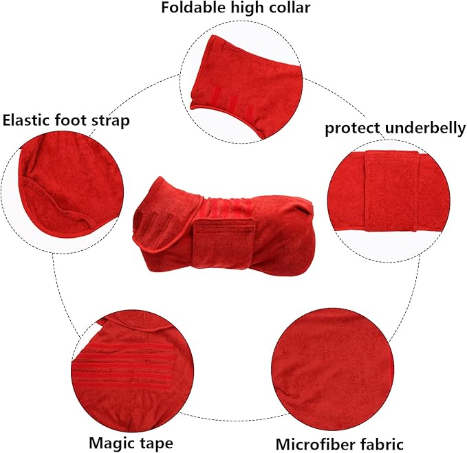 Geyecete Dog Drying Coat - Dog Bathrobe Towel - Microfibre Fast Drying Super Absorbent Pet Cat Bath Robe Towel - Red-S
