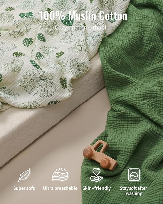Blissful Diary Muslin Baby Changing Pad with Waterproof Lining Foam, Diaper Changing Table Pad with Cover for Dressers (Monstera, Avocado)