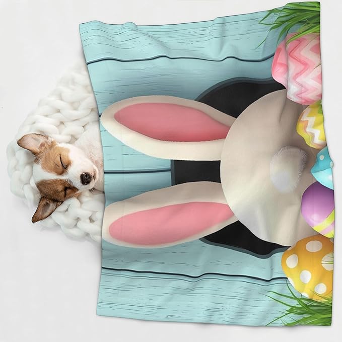 Waterproof Dog Blanket Soft Pet Blanket for Puppy Cat, Fleece Cat Throw Blankets for Furniture Bed Couch Sofa Reversible - White Bunny Bottom and Easter Eggs