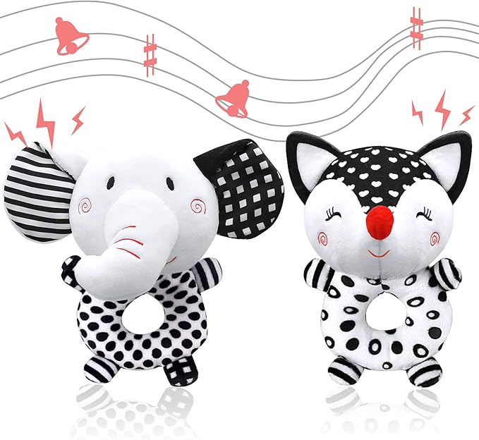 Baby Rattles 0-6 Months Newborn Toys Baby Toys 0-6 Months Rattles for Babies 0-6 Months Infant Toys 0-3 Months, Black & White High Contrast Baby Toys Plush Stuffed Toys for 0 3 6 9 12 Months Girl Boy