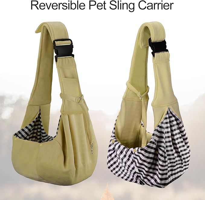 PETLOFT Reversible Dog Cat Sling Carrier, Small Dog Carrier, Adjustable Dog Sling, Hands Free Cross Body Carrier with Collar Hook for Dog/Cat/Bunny up to 11lb(Khaki)