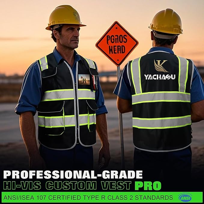 BeautyWill ANSI Certified Custom Logo Safety Vest 8-Pockets Class2 High Visibility Reflective Vest for Men - Personalized Logo Heavy-Duty Work Vest（Black，5Pack，4XL）