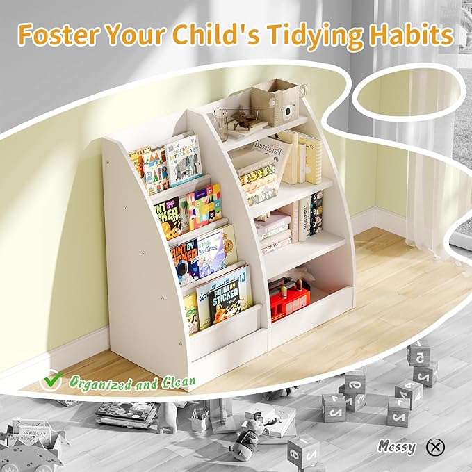 4 Tier Kids Bookshelf Set of 2, 4 Layer Sling Kids Book Shelf for Kids Rooms,Wood Children Bookcase,Baby Storage Book Rack,Toddler Bookshelf, Book and Toy Organizer,Book Display Shelf for Nursery