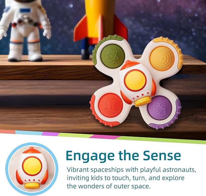 LiKee Strong Suction Cup Fidget Rotating Sensory Bath Toys for Baby 12 18 Months Airplane Car Travel Table & Window Toys for 1 2 Years Old Toddler Boys and Girls (Space-2)