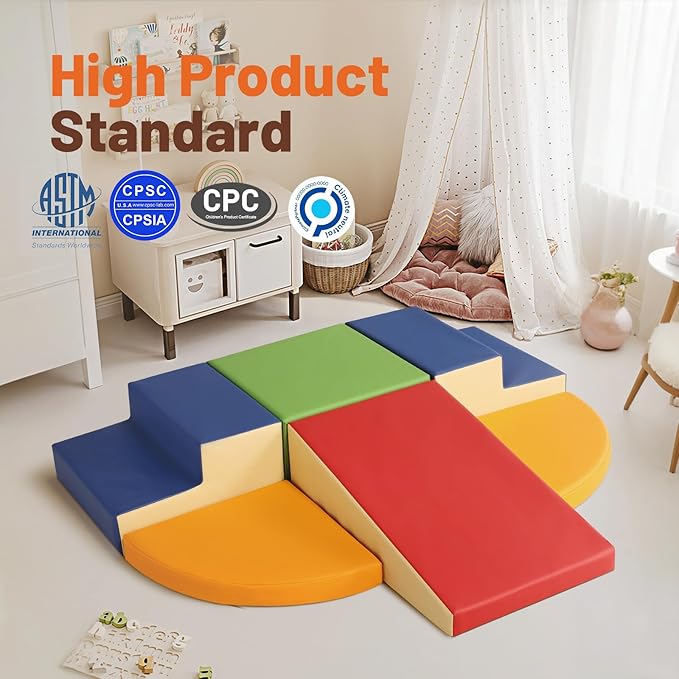 6-Piece Soft PU Leather Toddlers Climbing Toys, Baby Foam Climbing Blocks for Toddlers, Foam Play Gym Climber Structures for Toddler 3, Indoor Climb and Crawl Activity Play Set
