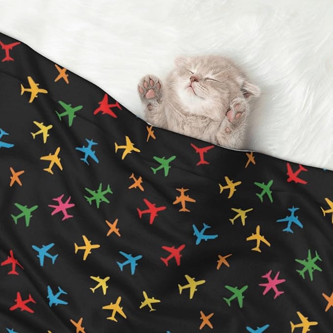 Double Sided Plush Pet Blanket with Cozy Dot Texture and Smooth Reverse, Colorful Aircraft Airplane Black, Reversible Throw for Dogs Cats on Couches Beds Crates