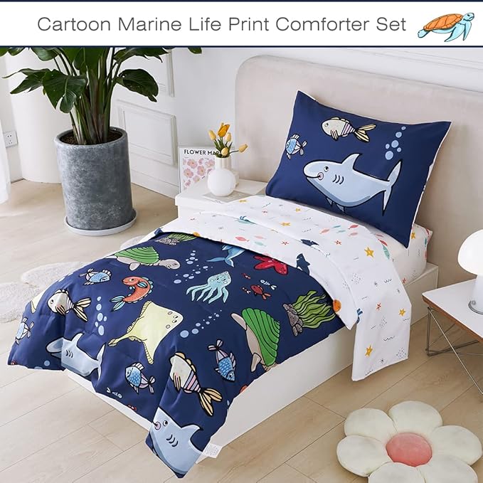 PERFEMET 4 Pieces Toddler Bedding Ocean Animal Printed Toddler Comforter Set Reversible Lightweight Cartoon Bed in A Bag for Toddler Boys Girls(Navy Blue, Sharks/Dolphins/Fish)