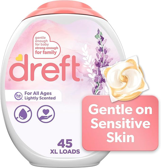 Dreft Laundry Detergent Pacs, Lightly Scented, Lavender, HE Compatible, For Baby and Family, XL Pacs, 45 Count