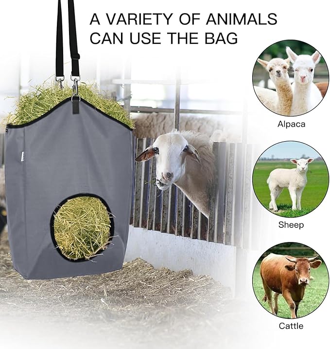 Goat Hay Feeder,Hay Bags for Goats,Horses,Sheep,Premium 600D Oxford Cloth,with Metal Fastener and Adjustable Open Feed Hole for Slow Feeding,Easy to Fill and Hang with Large Opening