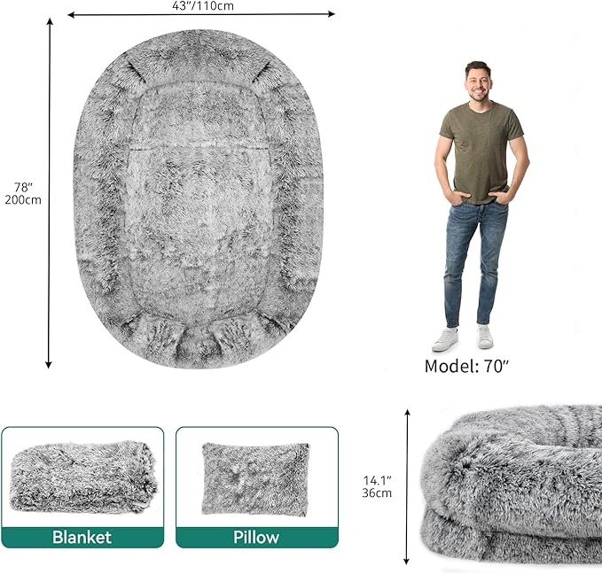 DWVO Human Dog Bed for Adult, 79" L X 43" W Large Human Size Dog Bed with Blanket and Pillow, Removable Cover, Grey