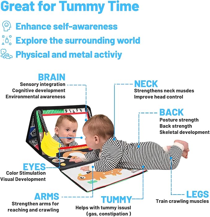 Baby Mirror Toys for Tummy Time, Newborn Infant 0 3 4 6 12 Months Old Boy, Girl Gift. Brain Developmental Montessori Sensory High Contrast Crinkle Book w Safe Mirror for Floor, Crib, Car, Bouncer