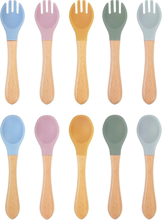 10 pcs Baby Spoons and Forks, First Stage Baby Led Weaning Spoons, Chewable Baby Utensils for Self-Feeding, Bamboo and Silicone Baby Utensils, Kids Utensils for Over 6 Months Babies