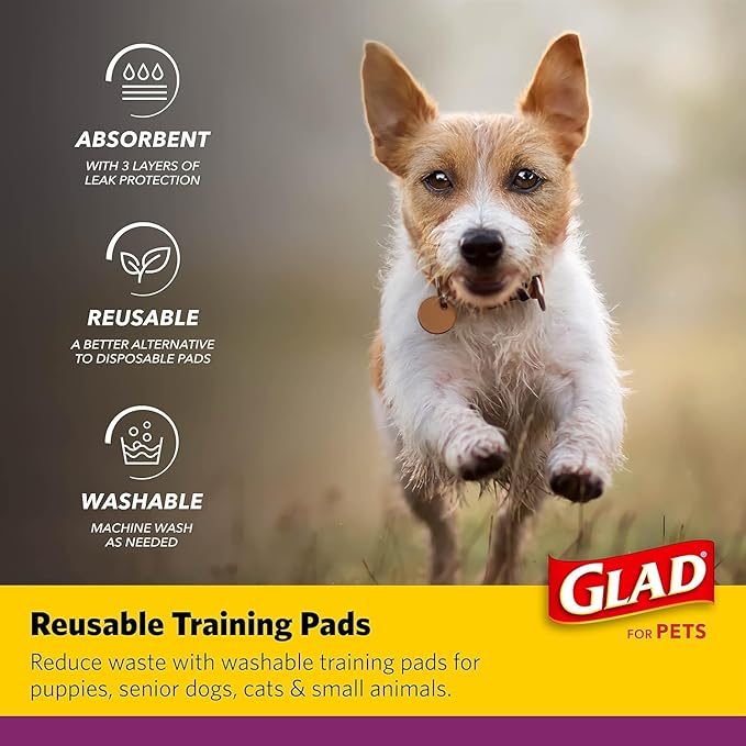 Glad for Pets Washable Training Pads, Medium Size (24”x36”), 6 Pack Gray with Paw Prints| Re-usable Cloth Dog Training Pads with 3 Layers of Leak Protection and No Slip Grip Vinyl Bottom