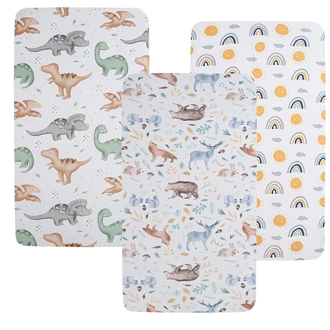 Pack n Play Sheet Stretchy Fitted Portable Mini Crib Sheets Set 3 Pack,Playard Sheets Convertible Playard Mattress Cover,Ultra Soft Jersey Material,Sun/Forest Deer/Dinosaur
