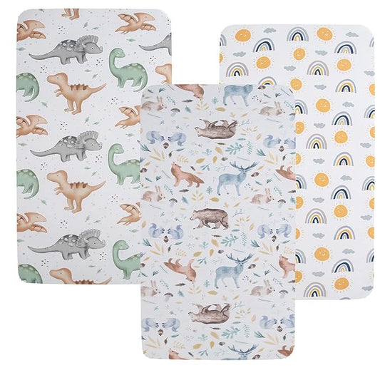 Pack n Play Sheet Stretchy Fitted Portable Mini Crib Sheets Set 3 Pack,Playard Sheets Convertible Playard Mattress Cover,Ultra Soft Jersey Material,Sun/Forest Deer/Dinosaur