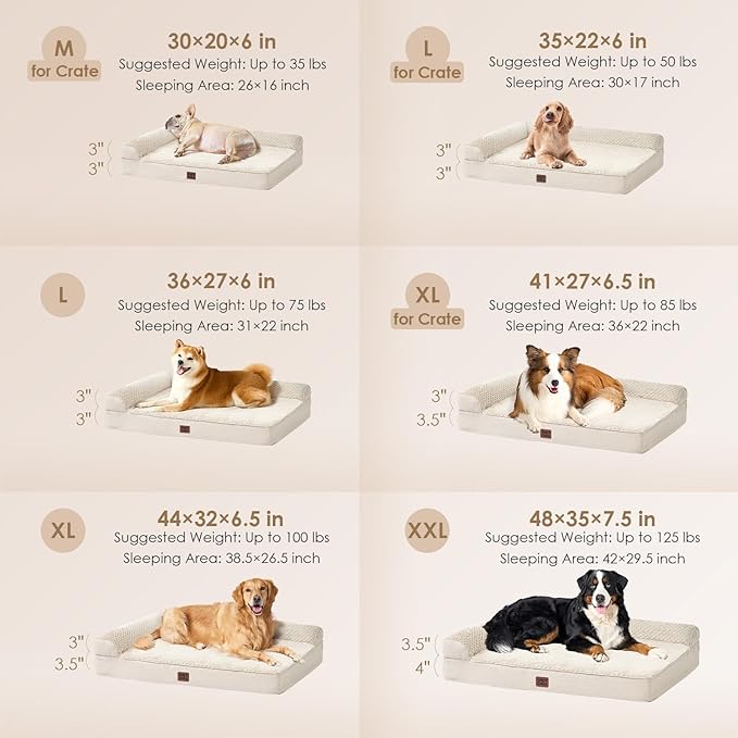 EHEYCIGA Large Dog Bed Memory Foam for Crate, Orthopedic Dog Bed Large Size Dogs with Washable Removable Cover, Waterproof Pet Sofa Couch with Nonskid Bottom, 35x22x6, Beige