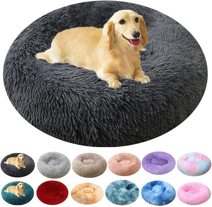 Calming Donut Dog & Cat Bed, 36 Inch Round Fluffy Dog Beds for Small Medium Large Dogs and Cats Anti-Anxiety, Puppy Bed, Washable Round Cozy Soft Pet Bed (Dark Grey)