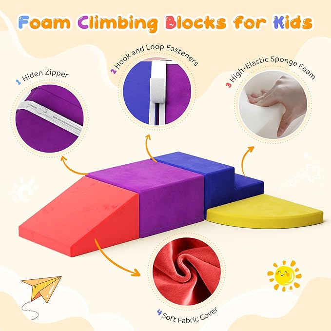 Lischwert Foam Climbing Blocks for Toddlers 1-3, 4pcs Soft Play Set with Crawling Exploration Toys, Indoor Outdoor Infant Safe Blocks for Baby Gym & Toddler Playground - Colorful