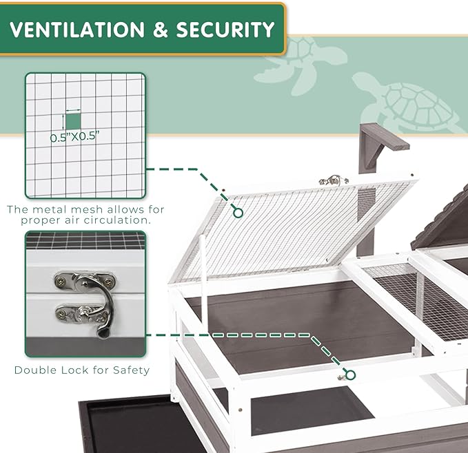 Tortoise Habitat Tank Indoor Outdoor, Wooden Tortoise House with Wheels, 2-Room Reptile Turtle Enclosure Cage for Small Animals, Lamp Holder, Leakproof Tray, Grey
