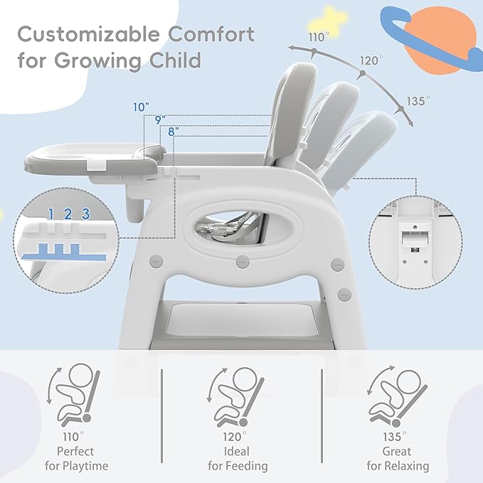 Xilingol 8 in 1 Convertible Baby High Chair W/Wheels, Baby Feeding Chair W/Adjustable Backrest & Removable Dual Tray, Building Block Table & Chair Set, HighChair for Babies & Toddlers (Grey)