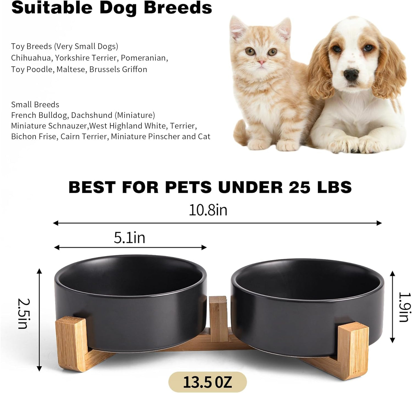 Black Ceramic Dog & Cat Bowl Set – 13.5 OZ with Wooden Stand, Non-Slip, Elevated Design for Small Dogs & Cats – 2 Bowls (Food & Water, Ceramic Pet Bowls, Modern Dog Bowls)