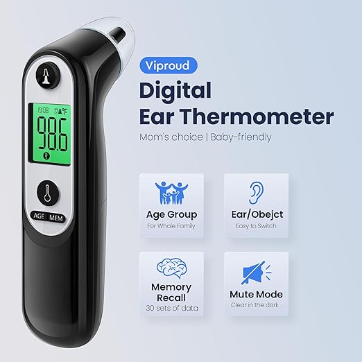 Ear Thermometer for Kids, Babies and Adults, 1 Second Accurate Digital Thermometer, Mute Function, 3-Color Fever Alert, 3 Age Groups, 30 Memory Recall with 20x Probe Covers (Dark Black)