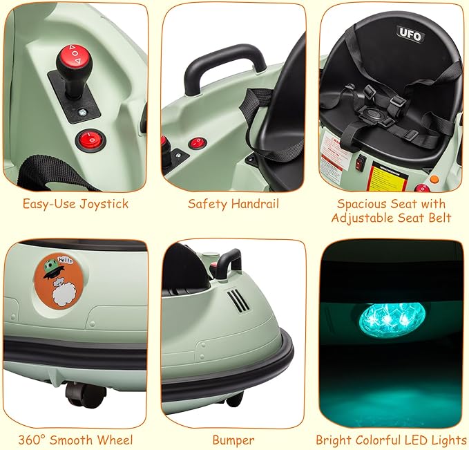 12V Electric Ride on Bumper Car for Toddlers, Kids Bumper Car with Remote Control, 360 Degree Spin, LED Lights, Dual Joysticks, Safety Belt for 18+ Months Kids, Green