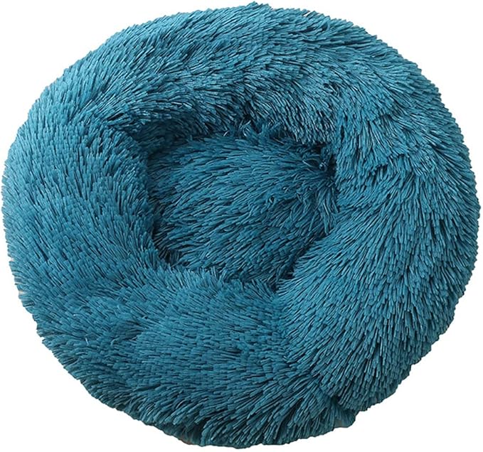 Calming Faux Fur Dog Beds Calming Donut Cuddler Dog Bed Washable Round Cat Bed Pillow Cuddler Fluffy Indoor Dog Calming Beds with Anti Slip Bottom Solid Color Cyan 27 Inch