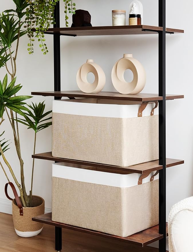 StorageWorks Storage Bins, Fabric Storage Bins for Shelves, Extra Large Storage Baskets with Metal Frame, Closet Baskets and Bins with Handles, Jumbo, Brown and White, 2-Pack
