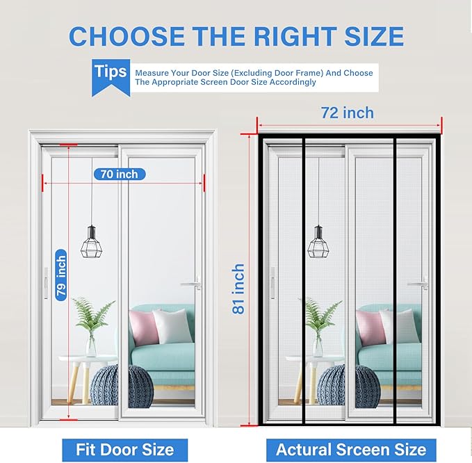 Magnetic Screen Door Upgraded PET Mesh Stronger Than Fiberglass and Polyester,Hands Free,Keeps Bugs Out,Pet & Kid Friendly,Suitable for Sliding Door,Large Patio Door and French Door-70''x79''