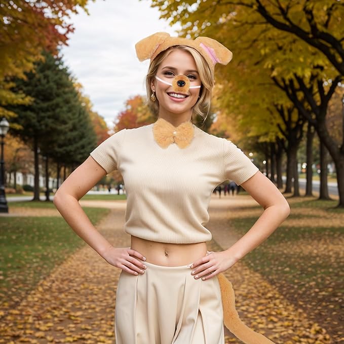 Fumwase Puppy Costume Set Dog Ears Headband Nose Bow Tie Tail Animal Cosplay Party Halloween Costume Accessoies
