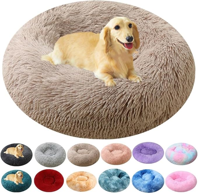 Large Calming Dog Bed, 40 Inch Anti-Anxiety Donut Dog Cuddler Cat Bed, Warming Cozy Soft Dogs Round Bed, Fluffy Faux Fur Machine Washable Pet Cushion for Medium Large Dogs & Cats (Khaki)